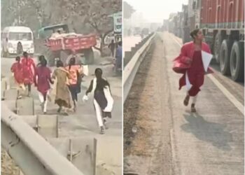 Students run for on NH I হাতত কলম, এডমিট কাৰ্ড লৈ ৰাষ্ট্ৰীয় ঘাইপথেৰে দৌৰিছে ছাত্ৰী! কিন্তু কিয়?